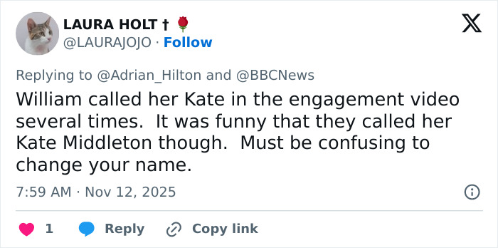Screenshot of a tweet discussing Princess Kate and mentioning BBC headline backlash about her name change.