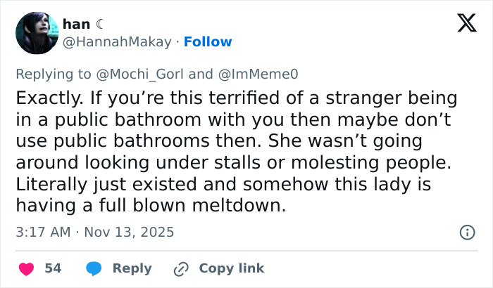 Tweet from han responding to public bathroom fears, debating a bearded trans man in women’s restroom controversy. Tweet from han responding to public bathroom fears, debating a bearded trans man in women’s restroom controversy.