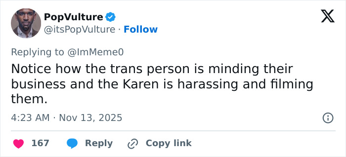 Tweet from PopVulture highlighting a bearded trans man minding his business while a woman upset films him in restroom debate. Tweet from PopVulture highlighting a bearded trans man minding his business while a woman upset films him in restroom debate.