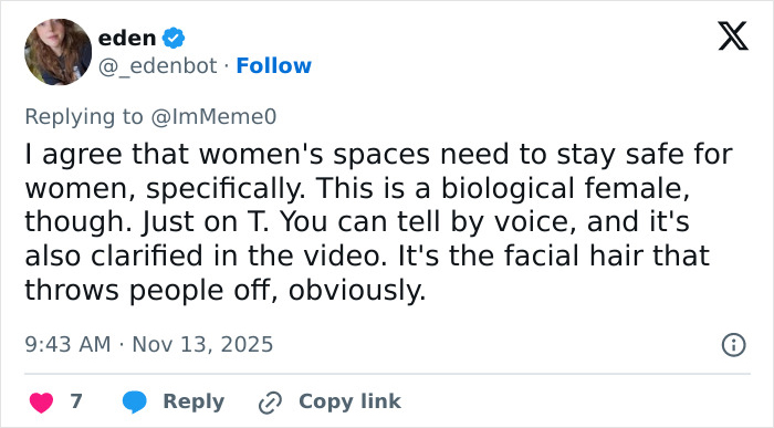 Twitter reply discussing a woman’s concern about bearded trans man in women’s restroom sparking debate on safe spaces. Twitter reply discussing a woman’s concern about bearded trans man in women’s restroom sparking debate on safe spaces.
