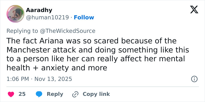 Screenshot of a tweet discussing the fan who attacked Ariana Grande at premiere and the impact on her mental health. Screenshot of a tweet discussing the fan who attacked Ariana Grande at premiere and the impact on her mental health.