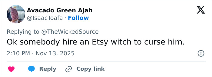 Tweet by user Avacado Green Ajah reacting to fan who attacked Ariana Grande at premiere, calling for a curse online. Tweet by user Avacado Green Ajah reacting to fan who attacked Ariana Grande at premiere, calling for a curse online.