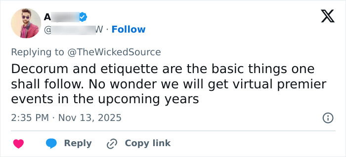 Screenshot of a social media reply discussing decorum and virtual premiere events after fan who attacked Ariana Grande faced backlash. Screenshot of a social media reply discussing decorum and virtual premiere events after fan who attacked Ariana Grande faced backlash.