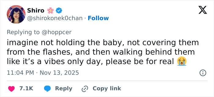 User criticizing Jake Bongiovi for not helping while Millie Bobby Brown protected their baby during flashes. User criticizing Jake Bongiovi for not helping while Millie Bobby Brown protected their baby during flashes.