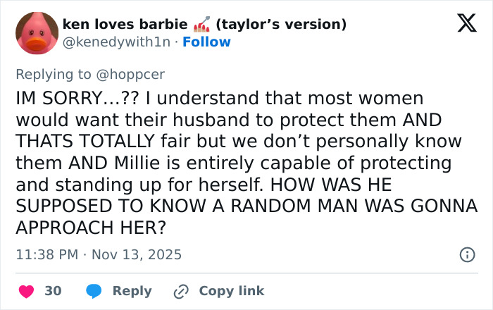 Tweet defending Jake Bongiovi's role while Millie Bobby Brown protected their baby during a public incident. Tweet defending Jake Bongiovi's role while Millie Bobby Brown protected their baby during a public incident.