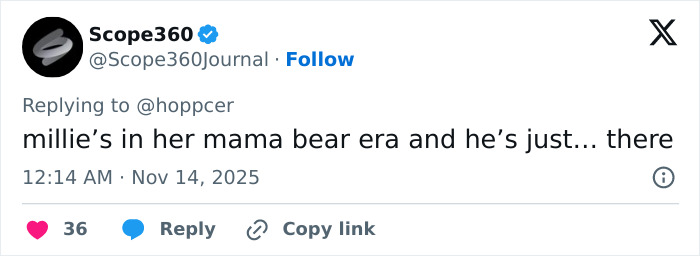 Tweet from Scope360 about Jake Bongiovi being criticized for not helping while Millie Bobby Brown protected their baby. Tweet from Scope360 about Jake Bongiovi being criticized for not helping while Millie Bobby Brown protected their baby.