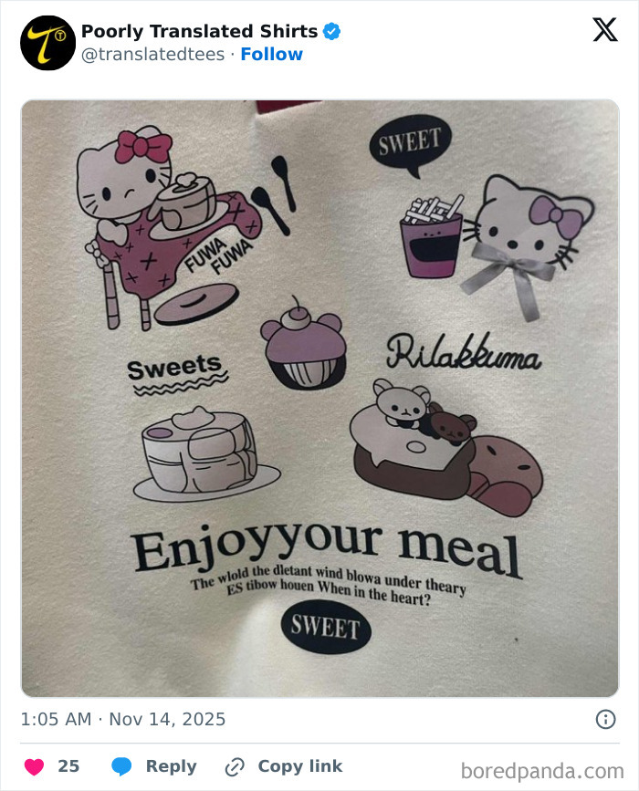 Funny English T-shirt with cute dessert illustrations and humorous lost in translation text design.