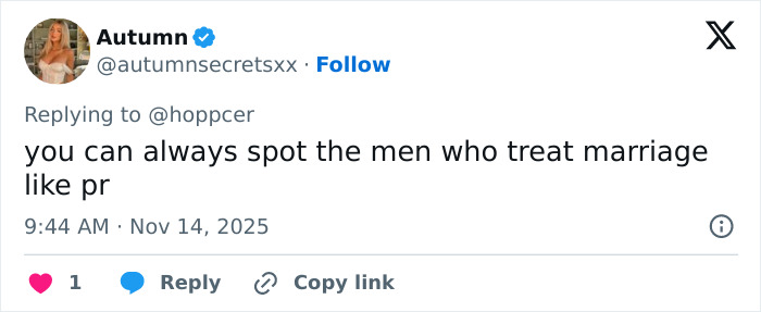 Tweet from Autumn criticizing men who treat marriage poorly in a reply about Jake Bongiovi not helping Millie Bobby Brown. Tweet from Autumn criticizing men who treat marriage poorly in a reply about Jake Bongiovi not helping Millie Bobby Brown.