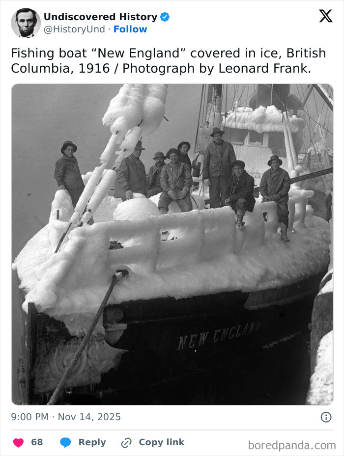 Fishing boat New England covered in ice with crew members onboard capturing moments lost to time in 1916 British Columbia.