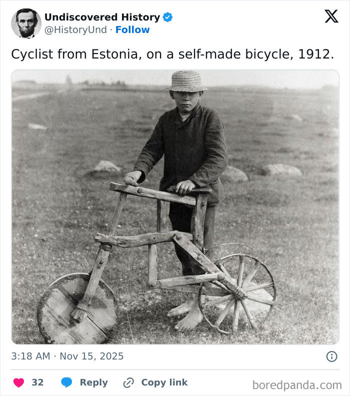Boy from Estonia with a self-made wooden bicycle in 1912, a fascinating photo revealing moments lost to time