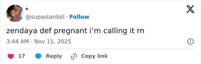 Tweet claiming Zendaya is pregnant, expressing certainty about pregnancy rumors involving Zendaya and Tom Holland.