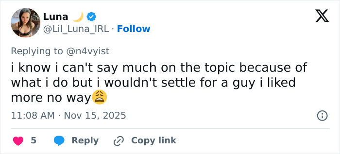 Screenshot of a Twitter reply expressing reluctance to settle in dating, related to Millie Bobby Brown and Jake Bongiovi. Screenshot of a Twitter reply expressing reluctance to settle in dating, related to Millie Bobby Brown and Jake Bongiovi.