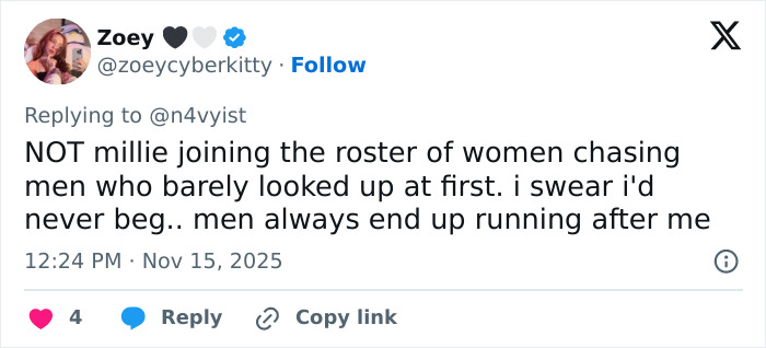 Tweet reacting to Millie Bobby Brown’s story about how she started dating Jake Bongiovi, with fans sharing strong opinions. Tweet reacting to Millie Bobby Brown’s story about how she started dating Jake Bongiovi, with fans sharing strong opinions.