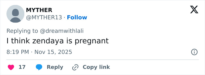 User tweet expressing belief Zendaya is pregnant, related to leaked video speculation with Tom Holland.