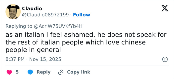 Tweet from Claudio expressing shame over a restaurant owner insulting tourists who shared pizzas, sparking backlash online. Tweet from Claudio expressing shame over a restaurant owner insulting tourists who shared pizzas, sparking backlash online.