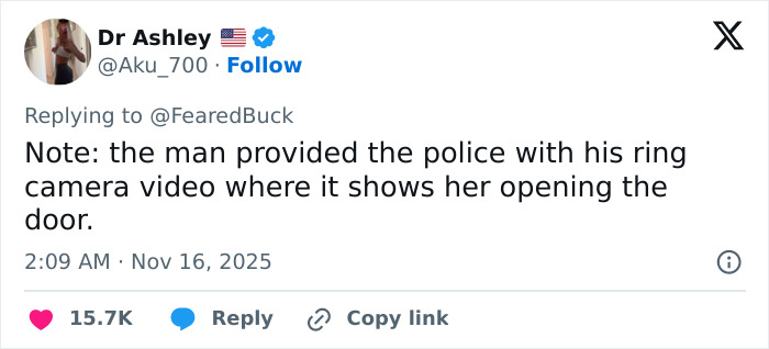 Tweet discussing a Ring camera video providing evidence related to a DoorDash driver arrested for recording a customer.