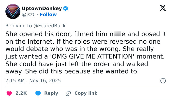 Social media post discussing a DoorDash driver arrested for recording and posting video of an undressed customer.