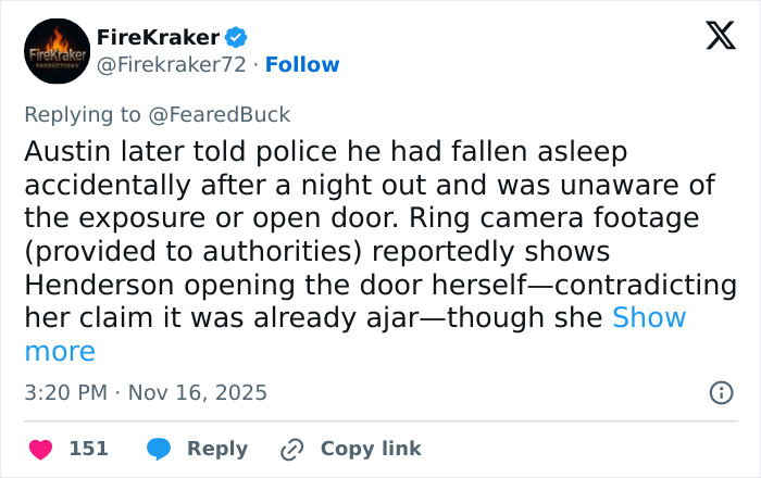 Tweet discussing DoorDash driver arrested after recording and posting video of undressed customer, highlighting police and Ring camera details.