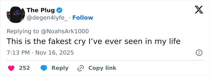 User comment on social media claiming an unrealistic acting gesture while crying sparks wild conspiracy theories. User comment on social media claiming an unrealistic acting gesture while crying sparks wild conspiracy theories.