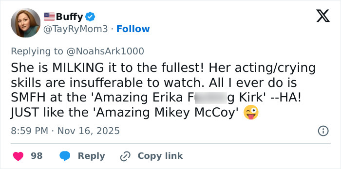 Screenshot of a tweet criticizing Erika Kirk’s acting and crying skills, sparking wild conspiracy theories. Screenshot of a tweet criticizing Erika Kirk’s acting and crying skills, sparking wild conspiracy theories.
