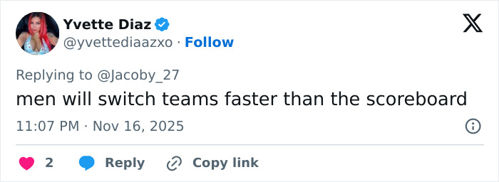 Tweet from Yvette Diaz replying about fans switching teams faster than the scoreboard during Georgia-Texas game viral moment. Tweet from Yvette Diaz replying about fans switching teams faster than the scoreboard during Georgia-Texas game viral moment.