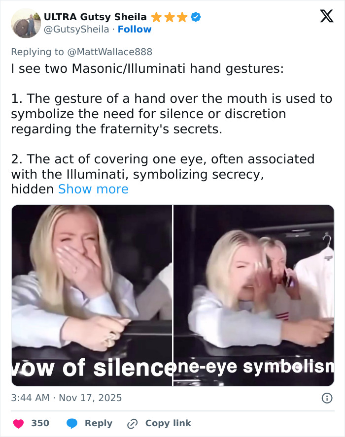 Image showing Erika Kirk making hand gestures while crying, sparking conspiracy theories about acting and symbolism. Image showing Erika Kirk making hand gestures while crying, sparking conspiracy theories about acting and symbolism.