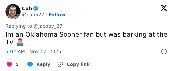Tweet from user Cub, expressing being an Oklahoma Sooner fan and reacting loudly while watching TV. Tweet from user Cub, expressing being an Oklahoma Sooner fan and reacting loudly while watching TV.