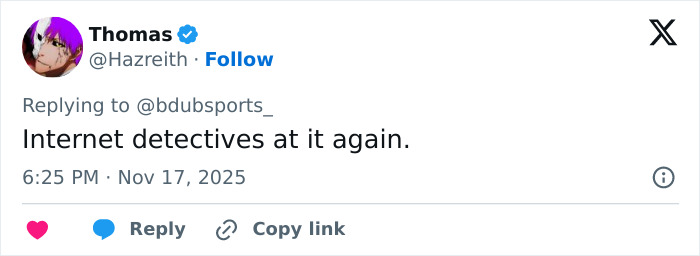 Tweet from user Thomas responding to bdubsports about internet detectives searching after the stunning woman at Georgia-Texas game.