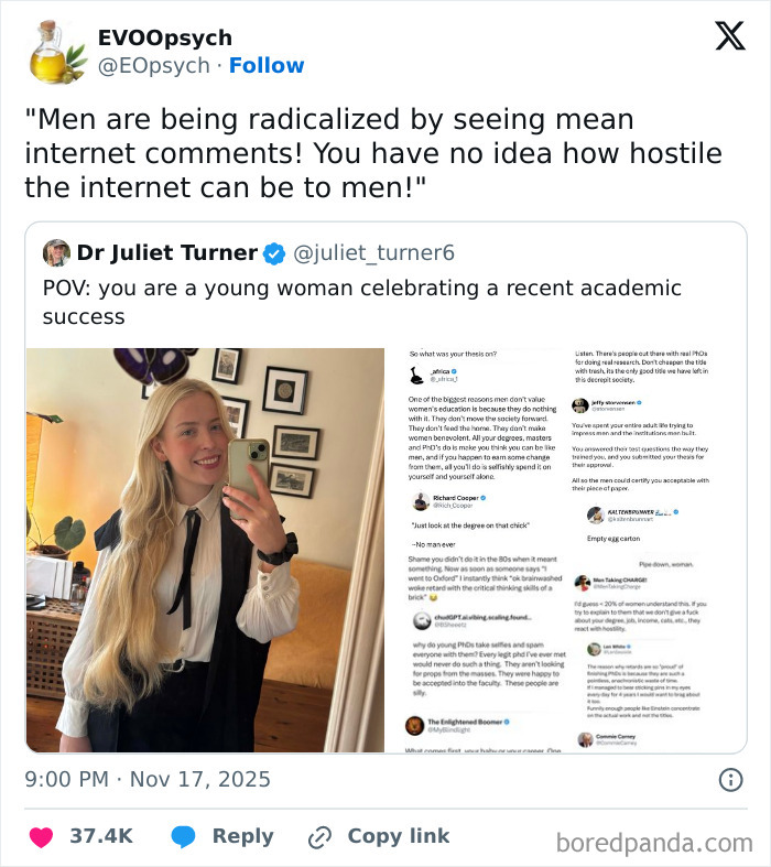 Young woman celebrates academic success as man bashes PhD, internet roasts him and praises women's achievements Young woman celebrates academic success as man bashes PhD, internet roasts him and praises women's achievements