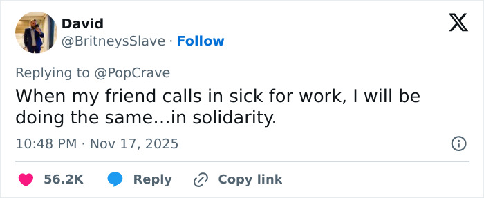 Tweet screenshot showing a user expressing solidarity by skipping work, related to Ariana Grande and Cynthia Erivo stopping interviews. Tweet screenshot showing a user expressing solidarity by skipping work, related to Ariana Grande and Cynthia Erivo stopping interviews.