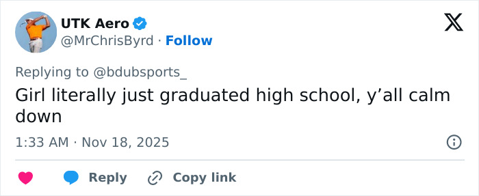 Tweet from UTK Aero responding to a viral discussion about a stunning woman at Georgia-Texas game, urging calm about her age. Tweet from UTK Aero responding to a viral discussion about a stunning woman at Georgia-Texas game, urging calm about her age.