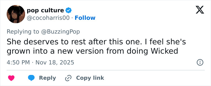 Tweet about Ariana Grande’s cryptic last hurrah announcement expressing support for her rest and growth after Wicked. Tweet about Ariana Grande’s cryptic last hurrah announcement expressing support for her rest and growth after Wicked.