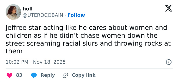 Screenshot of a tweet criticizing makeup icon Jeffree Star amid severe backlash over comments on pro-trans parents. Screenshot of a tweet criticizing makeup icon Jeffree Star amid severe backlash over comments on pro-trans parents.