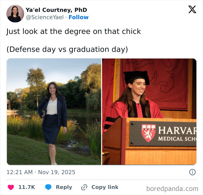 Woman with PhD in professional attire outdoors and in graduation gown celebrating academic success at Harvard Medical School. Woman with PhD in professional attire outdoors and in graduation gown celebrating academic success at Harvard Medical School.