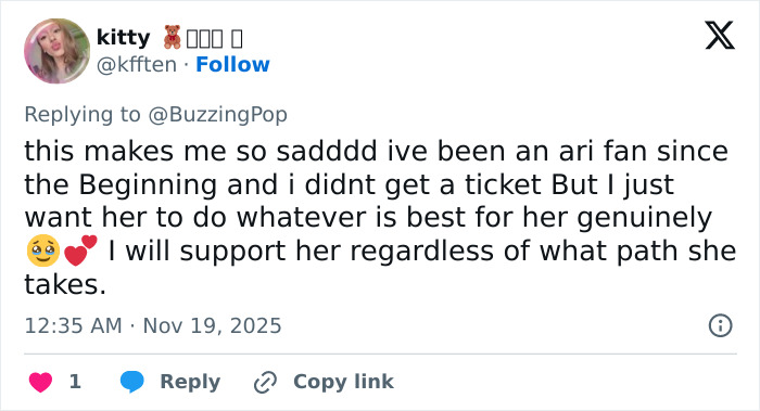 Fan expressing sadness and support for Ariana Grande's cryptic last hurrah announcement on social media. Fan expressing sadness and support for Ariana Grande's cryptic last hurrah announcement on social media.