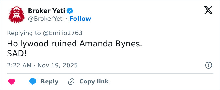 Tweet from Broker Yeti reacting to Amanda Bynes amid viral claim involving Dan Schneider controversy. Tweet from Broker Yeti reacting to Amanda Bynes amid viral claim involving Dan Schneider controversy.