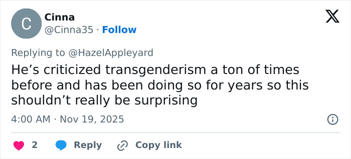 Tweet by user Cinna expressing criticism of Jeffree Star's repeated comments on transgenderism, sparking backlash online. Tweet by user Cinna expressing criticism of Jeffree Star's repeated comments on transgenderism, sparking backlash online.