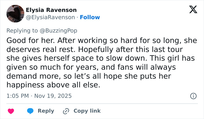 Tweet expressing support for Ariana Grande’s cryptic last hurrah announcement after years of hard work and dedication to fans. Tweet expressing support for Ariana Grande’s cryptic last hurrah announcement after years of hard work and dedication to fans.