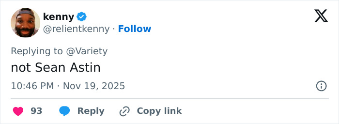 Twitter user kenny responding to Variety, denying association with Sean Astin in a social media comment thread. Twitter user kenny responding to Variety, denying association with Sean Astin in a social media comment thread.