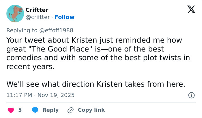 Tweet discussing Kristen Bell’s role and future direction after joining Fox Faith Project, sparking mixed reactions online. Tweet discussing Kristen Bell’s role and future direction after joining Fox Faith Project, sparking mixed reactions online.