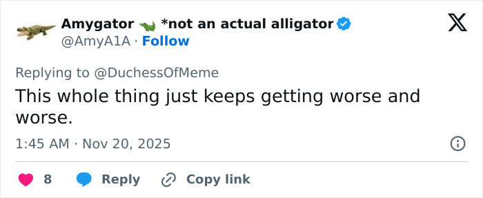 Tweet from Amygator responding to DuchessOfMeme, commenting on worsening situation involving father of teen slain on cruise. Tweet from Amygator responding to DuchessOfMeme, commenting on worsening situation involving father of teen slain on cruise.