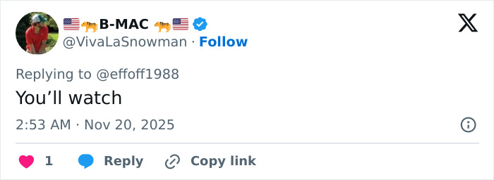 Tweet from user B-MAC with text You’ll watch, showing a reaction to Kristen Bell joining Fox Faith project controversy.