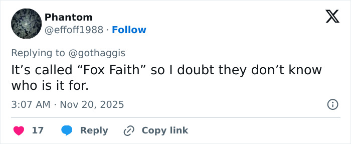 User Phantom replying to a tweet mentioning Fox Faith, discussing awareness of its intended audience.