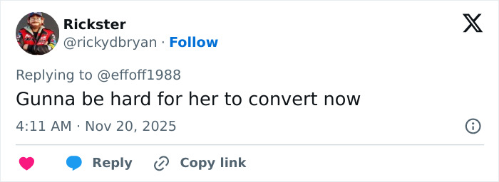 Screenshot of a social media reply commenting on Kristen Bell joining Fox Faith Project amid self-cancel controversy. Screenshot of a social media reply commenting on Kristen Bell joining Fox Faith Project amid self-cancel controversy.