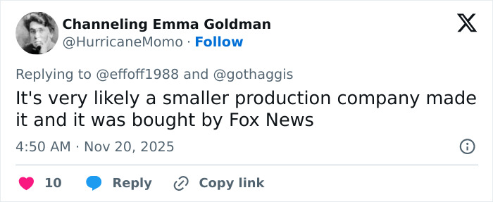Tweet from Channeling Emma Goldman discussing a smaller production company bought by Fox News related to Fox Faith project controversy. Tweet from Channeling Emma Goldman discussing a smaller production company bought by Fox News related to Fox Faith project controversy.