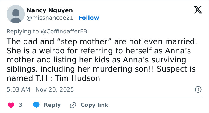 Screenshot of a Twitter reply discussing the father of teen slain on cruise and alleged affair with 15YO babysitter. Screenshot of a Twitter reply discussing the father of teen slain on cruise and alleged affair with 15YO babysitter.