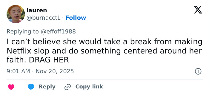 Tweet by user lauren expressing disbelief over Kristen Bell’s involvement in a faith project, sparking outrage over self-cancel.