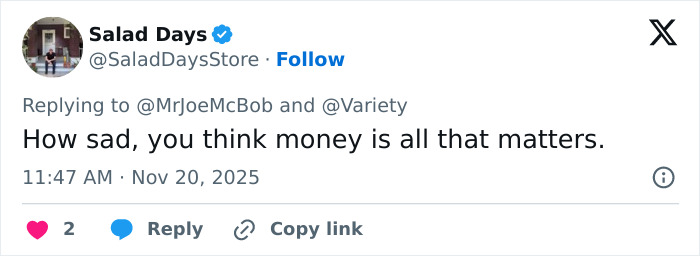 Tweet from Salad Days expressing disappointment about money, relating to Kristen Bell and Fox Faith Project controversy online. Tweet from Salad Days expressing disappointment about money, relating to Kristen Bell and Fox Faith Project controversy online.