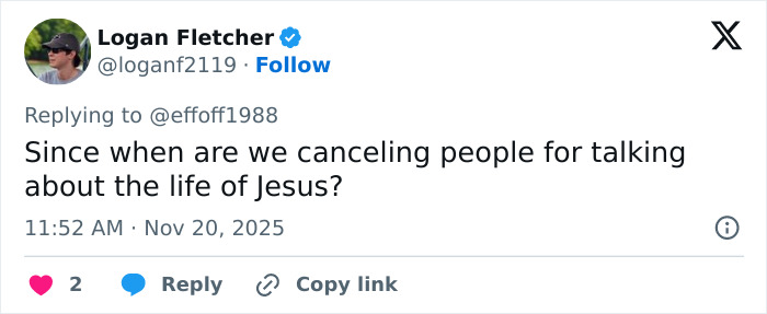 Tweet by Logan Fletcher questioning cancel culture related to discussing the life of Jesus amid Kristen Bell controversy. Tweet by Logan Fletcher questioning cancel culture related to discussing the life of Jesus amid Kristen Bell controversy.