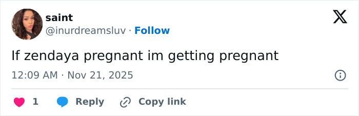 Tweet expressing excitement about Zendaya possibly being pregnant, referencing leaked video with Tom Holland.